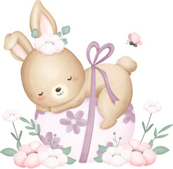Watercolor Illustration Cute Easter Rabbit and Easter Egg at Garden with Flowers and Butterflies