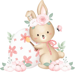 Watercolor Illustration Cute Easter Rabbit and Easter Egg at Garden with Flowers and Butterflies
