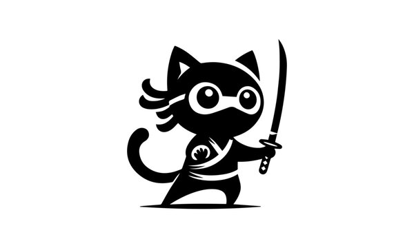 mascot cute cartoonish cat ninja  logo icon  ,black and white ninja cat with sword mascot logo