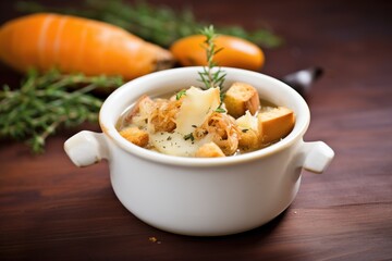 french onion soup with melted cheese and croutons