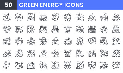 Green Energy vector line icon set. Contains linear outline icons like Renewable Energy, Environment, Save Energy, Eco, Electric Car, Fertilizer, Ecology, Geothermal. Editable use and stroke.