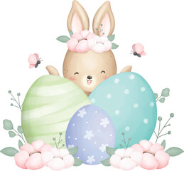 Watercolor Illustration Cute Easter Rabbit and Easter Eggs at Garden with Flowers and Butterflies
