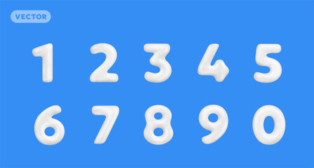 Vector realistic illustration of white color glossy number. 3d style design of shine font collection number in cartoon style on blue background