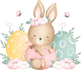 Fototapeta premium Watercolor Illustration Cute Easter Rabbit and Easter Eggs at Garden with Flowers and Butterflies