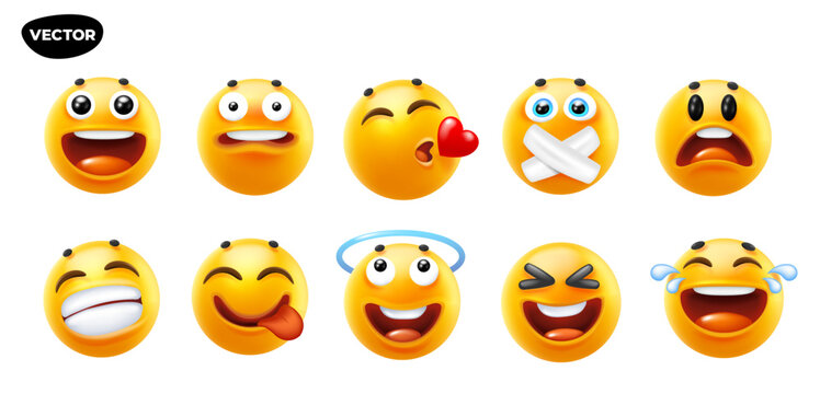 3d vector style design of funny set of emoji with smile, halo, heart, tongue and sad tear. Vector cool collection of illustration of happy fun yellow color emoticon with different emotion