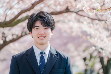 桜並木と新入生 入学卒業新生活イメージ 男性