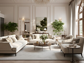 An elegant living room with beige sofas and chair