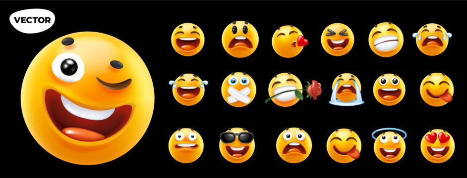 Naklejki 3d vector style design of funny collection of emoji with smile, tongue, sunglasses, heart and tear. Vector large set of illustration of happy fun yellow color emoticon with different emotion on black 