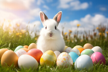 Fototapeta na wymiar Cute Easter bunny sitting amidst a collection of vibrant Easter eggs on a sunny field with daisies