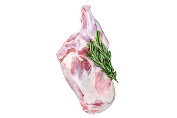 Raw lamb shoulder meat ready for baking with garlic, rosemary. Transparent background. Isolated.