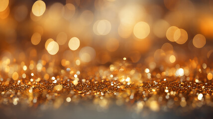 Festive abstract golden background with bokeh defocused glitter lights. Glinting gold specks and radiant hues. Christmas and New Year concept.