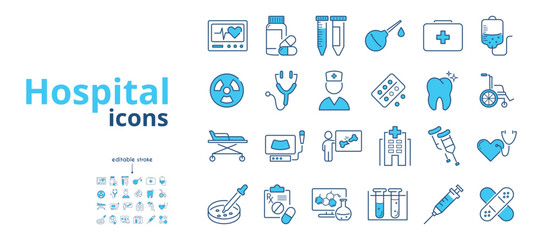 Hospital, medical, ambulance line icon set. Band-aid, syringe, enema, crutches, wheelchair, bed, doctor, cardiogram, ultrasound, dentistry vector illustration in blue. Outline sing. Editable Stroke.