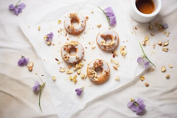 Obraz na płótnie Canvas donuts with icing and nuts, placed on parchment paper