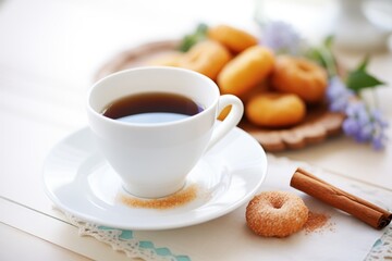 classic plain donut with a cup of black coffee beside