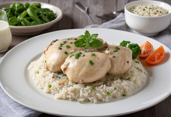 Chicken fricassee served with rice on a plate