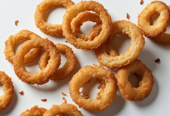 Delicious fried onion rings on a white background