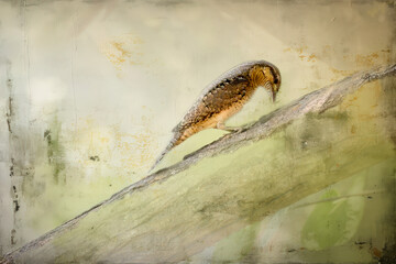 Collage style seamless pattern design. Hand-sketched bird on dahlia flower. Trendy background with botanical, geometric shapes, and abstract elements.