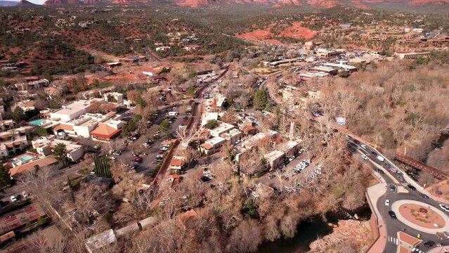 Sedona, Arizona. Aerial View of Traffic, Tlaquepaque Arts and Shopping Village and Landscape