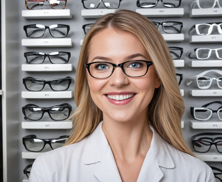 Joyful woman eye doctor surrounded by a variety of glasses in an optical store. Providing vision correction services with a focus on eye health. Close-up view of a female optometrist wearing prescript