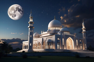 the atmosphere of the mosque at night and the moon - obrazy, fototapety, plakaty