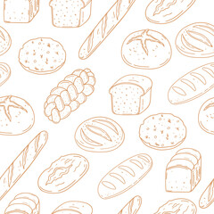 Hand drawn seamless pattern with different type of bread. Baked goods background. Design for bakery, home textile