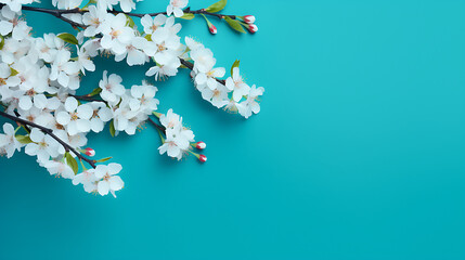 A branch of a white cherry blossom tree with a blue background, generative Ai