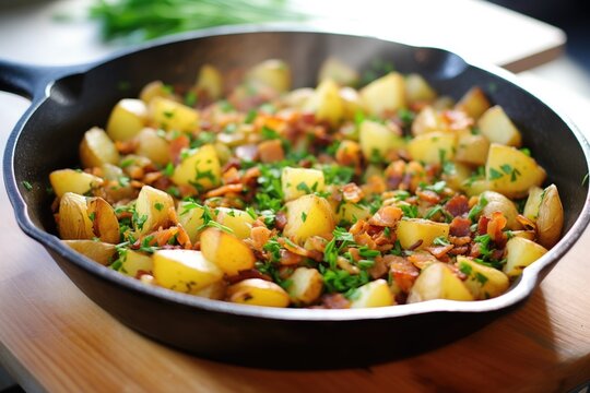 lyonnaise potatoes in a skillet with parsley garnish