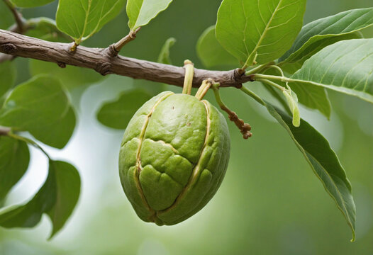 The green walnut hanging from the tree branch.