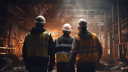 A team of engineers is seen evaluating an industrial construction site, bathed in the warm glow of the sunrise.
