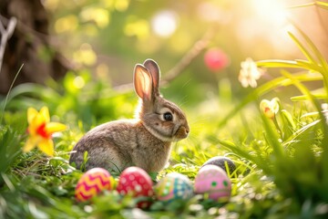 Fototapeta na wymiar Easter bunny with a basket of eggs.