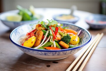 halloumi pieces in a rainbow vegetable stir-fry