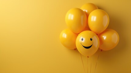 smiley balloons sitting on a yellow background, ai generated - obrazy, fototapety, plakaty