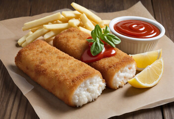 Breaded fish fingers with tomato sauce