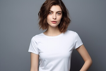Obraz premium Woman in White Tshirt Mockup created with Generative AI