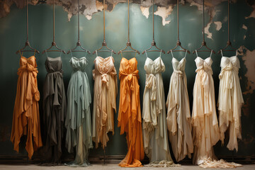 Row of Beautiful Luxury Colorful Dresses on Hangers in a Showroom extreme closeup. Generative AI.