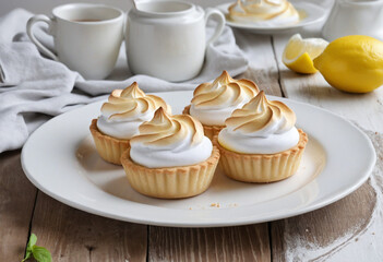Obraz na płótnie Canvas Lemony meringue mini tarts on a white dish