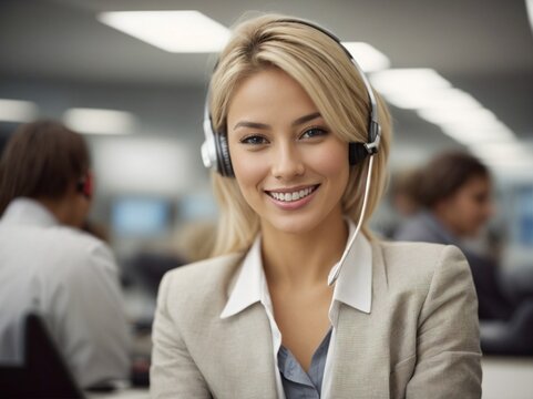 Woman Wearing Headset in Office for Customer Service or Call Support. Generative AI.