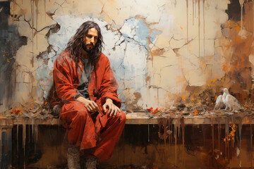 Fototapeta premium Portrait of Jesus Christ on the Ruins of a Building extreme closeup. Generative AI