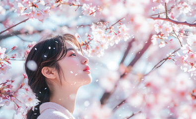 桜の木の下でお花見をする女性 - obrazy, fototapety, plakaty
