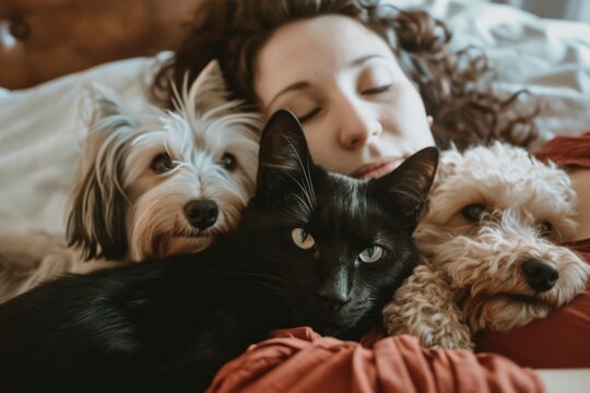 Cozy companionship: A woman's affectionate moment with her pets as she smiles while holding a black cat and cuddling with a curly-haired dog