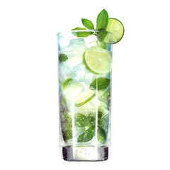 Tall mojito Cocktail glass with lime and ice and mint leaves-isolated png.