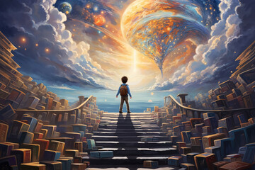 A boy walking up stairs made from books into an imagination fantasy world.