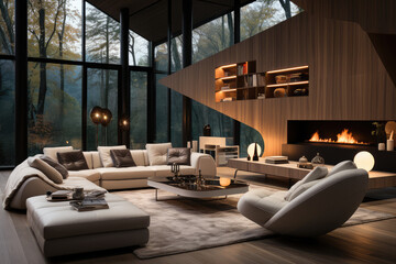 Fototapeta premium Modernist Home Interior with Modern Furniture extreme closeup. Generative AI