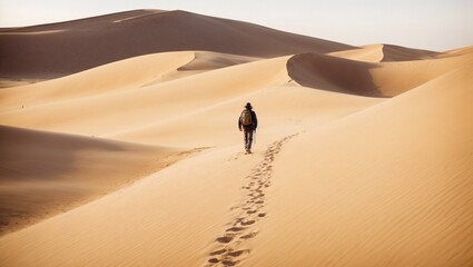 A Person Walking Across a Desert, Leaving Footprints in the Sand. Generative AI.