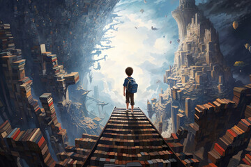 A boy walking up stairs made from books into an imagination fantasy world. - obrazy, fototapety, plakaty