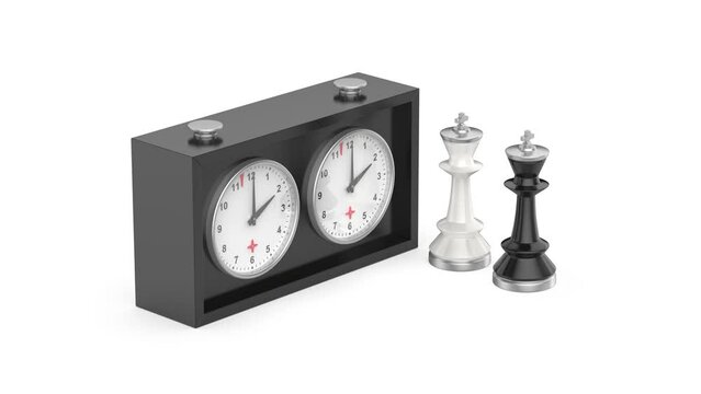 Chess kings and black chess clock on white background