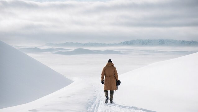 Person Standing on Snow Covered Hill. Generative AI.