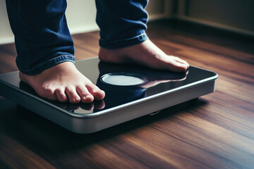 Fat man stands on floor scales - obrazy, fototapety, plakaty