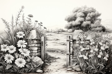 Open Gate in the Garden in Grayscale Pencil Drawing Style extreme closeup. Generative AI