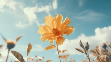 Fototapeta na wymiar Heavenly Palette Photograph the yellow flower against a sky filled with soft clouds, creating a dreamy and ethereal atmosphere. Emphasize the calming effect of nature's palette